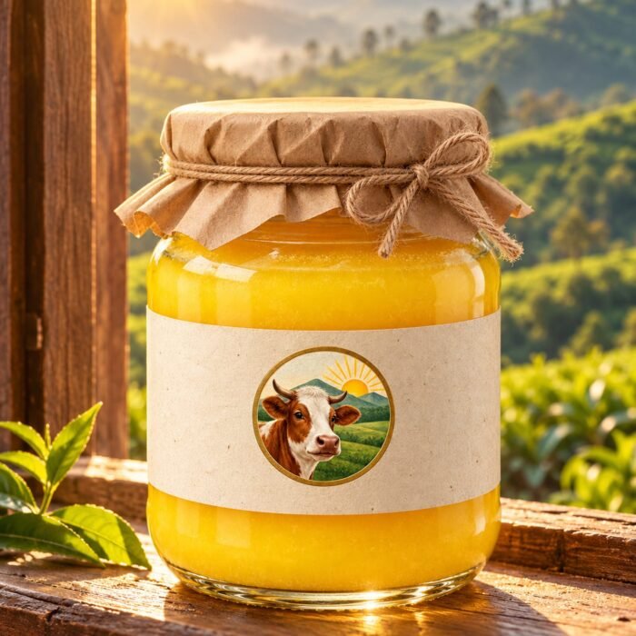Jar of golden ghee on a sunlit window sill