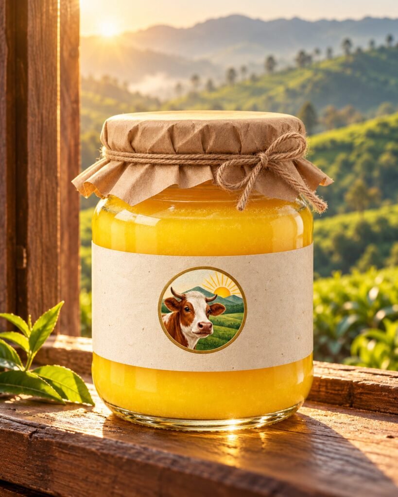 Jar of golden ghee on a sunlit window sill
