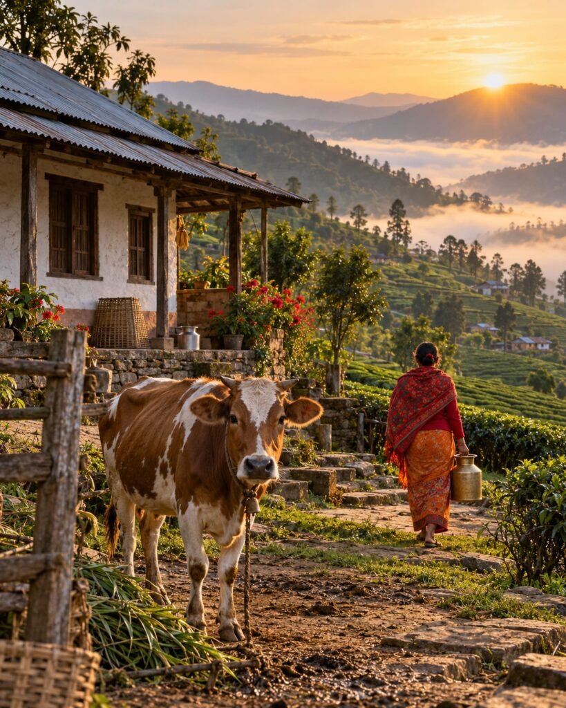 Hill farm in Ilam at sunrise with a cow and a farmer carrying milk