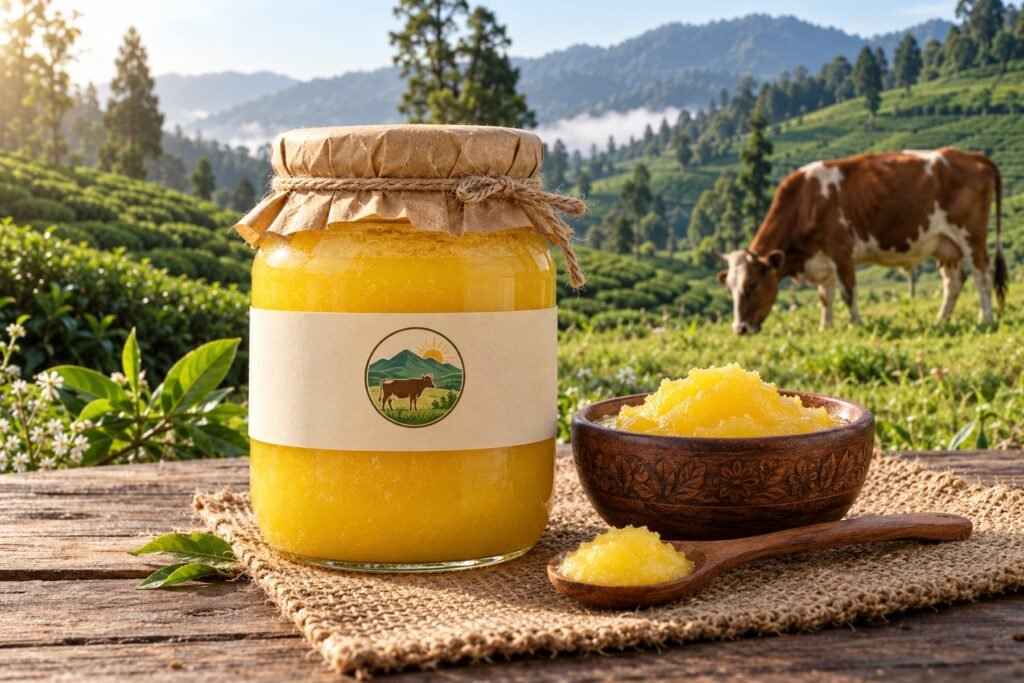 Jar and bowl of golden cow ghee with a cow grazing in the Ilam hills