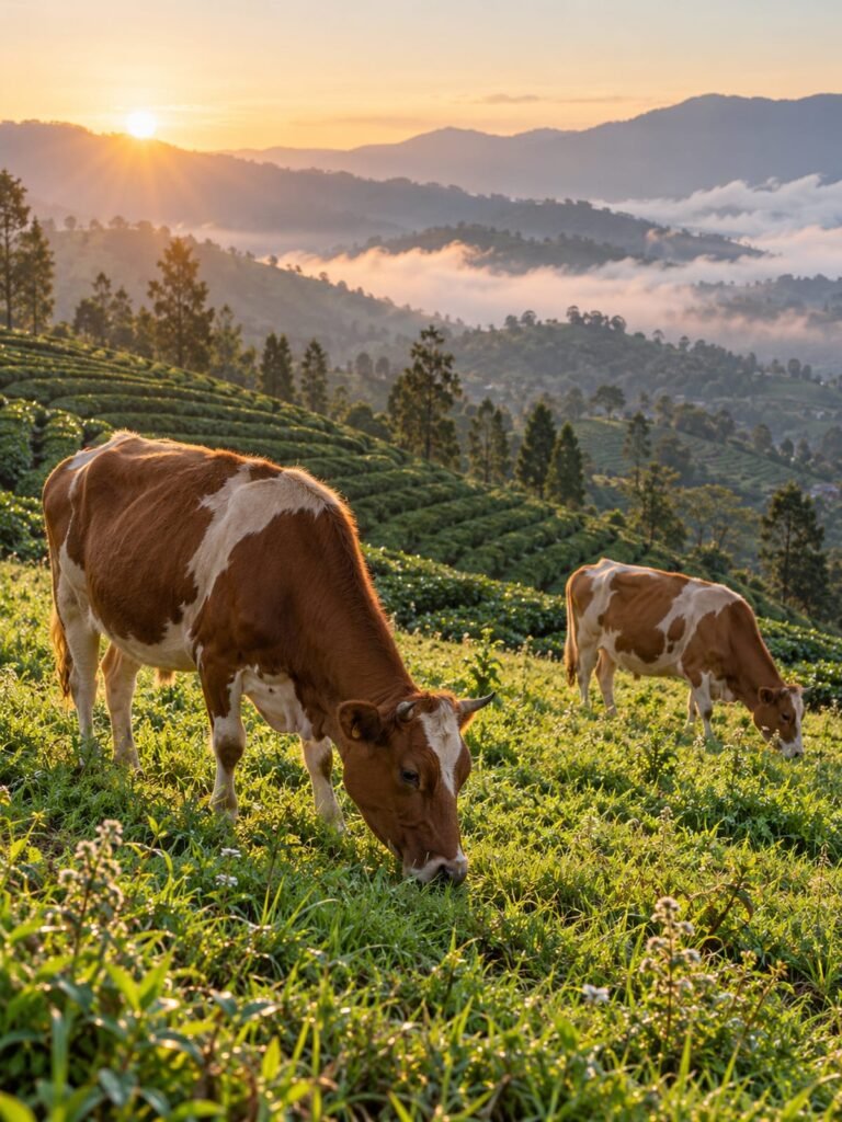 Cows grazing on a misty hillside pasture in Ilam