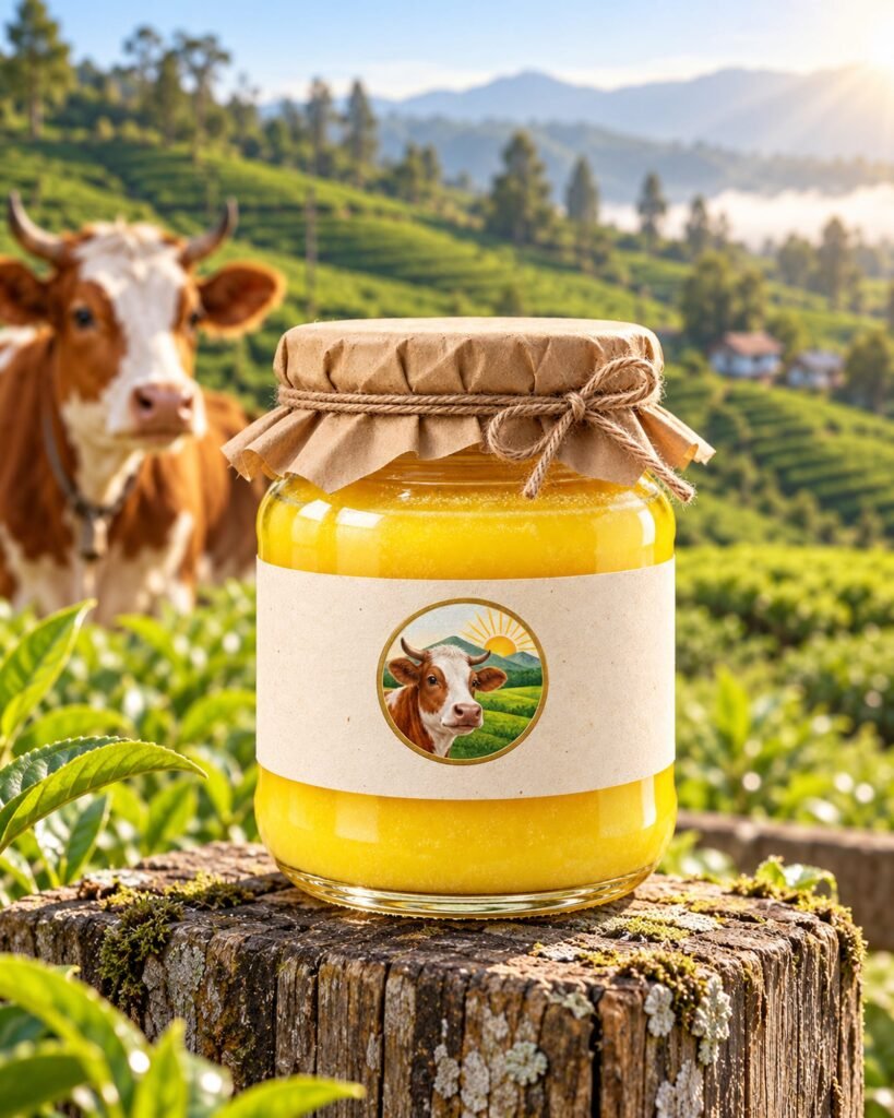 Jar of cow ghee outdoors with a cow and the tea hills of Ilam behind